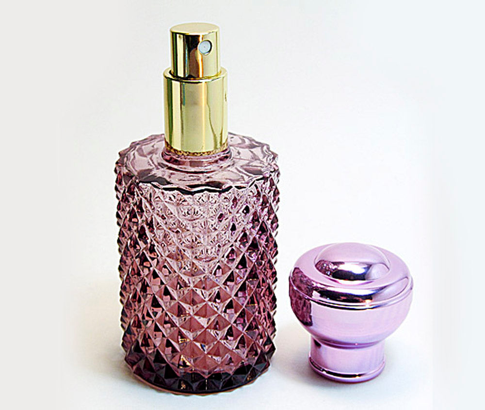 Purple Crystal Glass Perfume Bottle With Atomizer Pump and Metal Cap.
