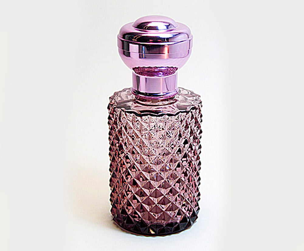 Purple Crystal Glass Perfume Bottle With Atomizer Pump and Metal Cap.
