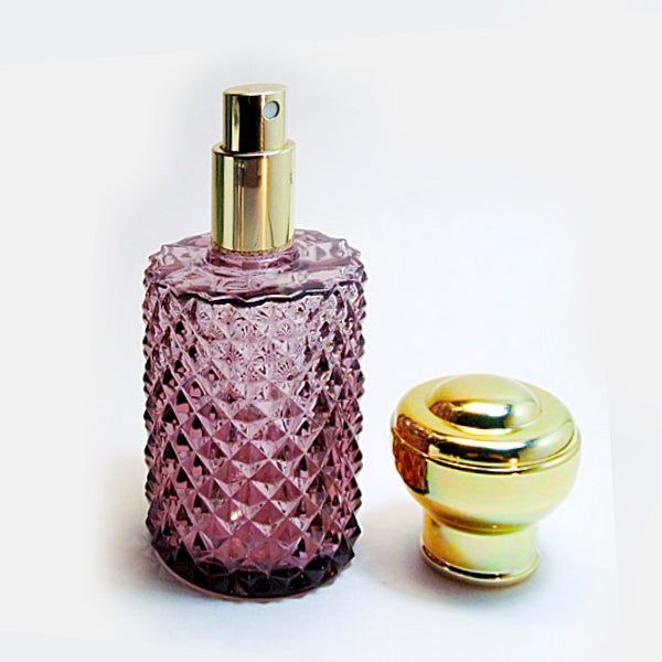 Purple Crystal Glass Perfume Bottle With Atomizer Pump and Metal Cap.