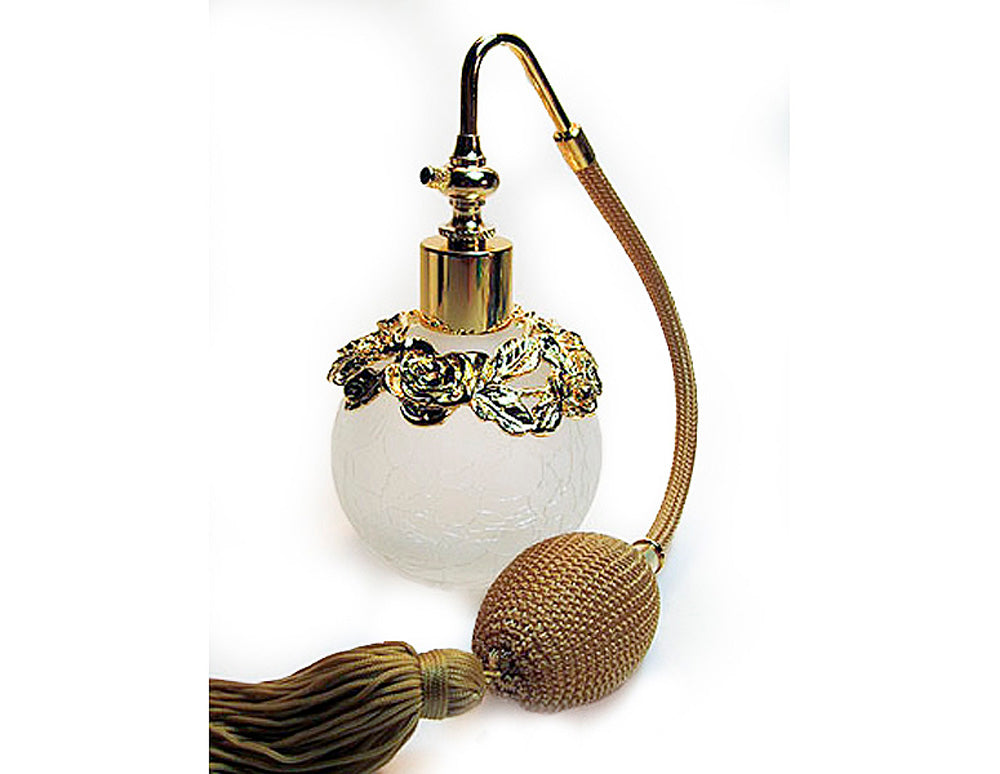 Fancy Crackle and Frosted Perfume Glass Bottle With Tassel Spray Mounting.
