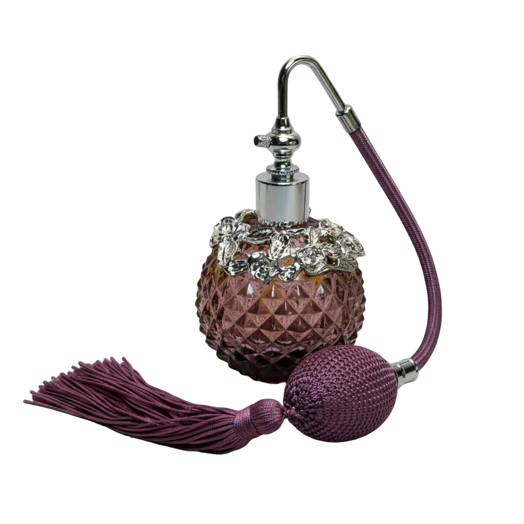 Decorative perfume bottle with intricate design and purple accents on a black background