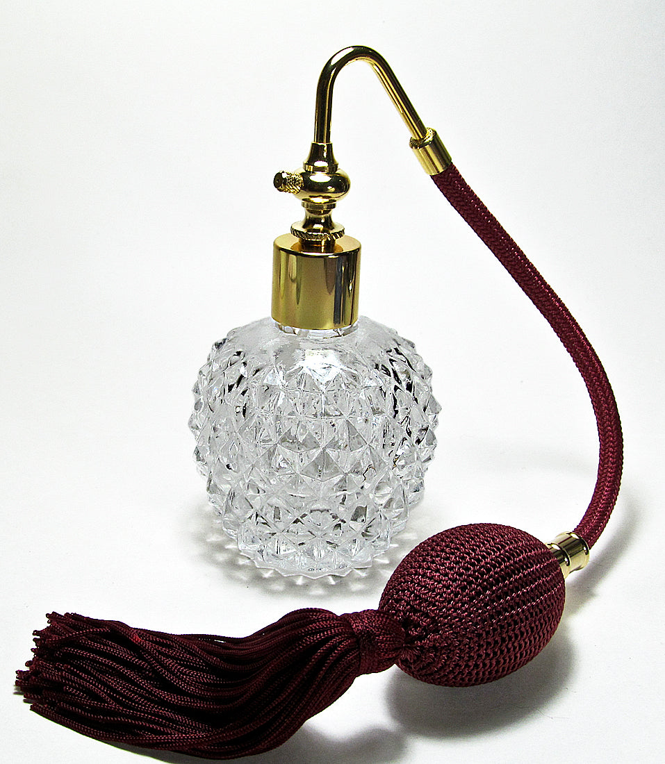 Crystal Glass Perfume Bottle With Bulb And Tassel Spray Mounting.