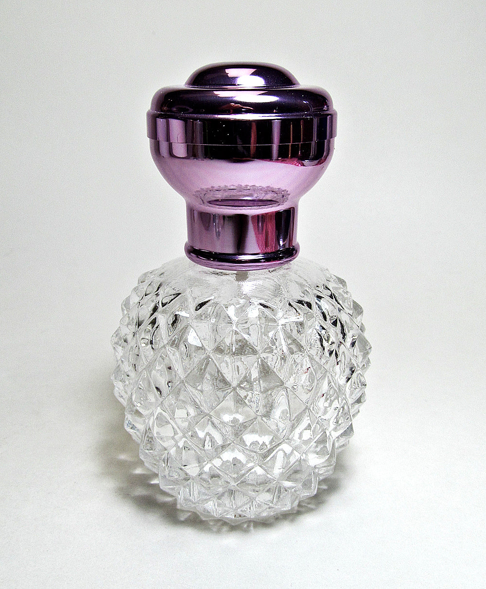 Crystal Glass Perfume Bottle With Leakage Proof Atomizer Spray Pump and Violet Metal Cap.