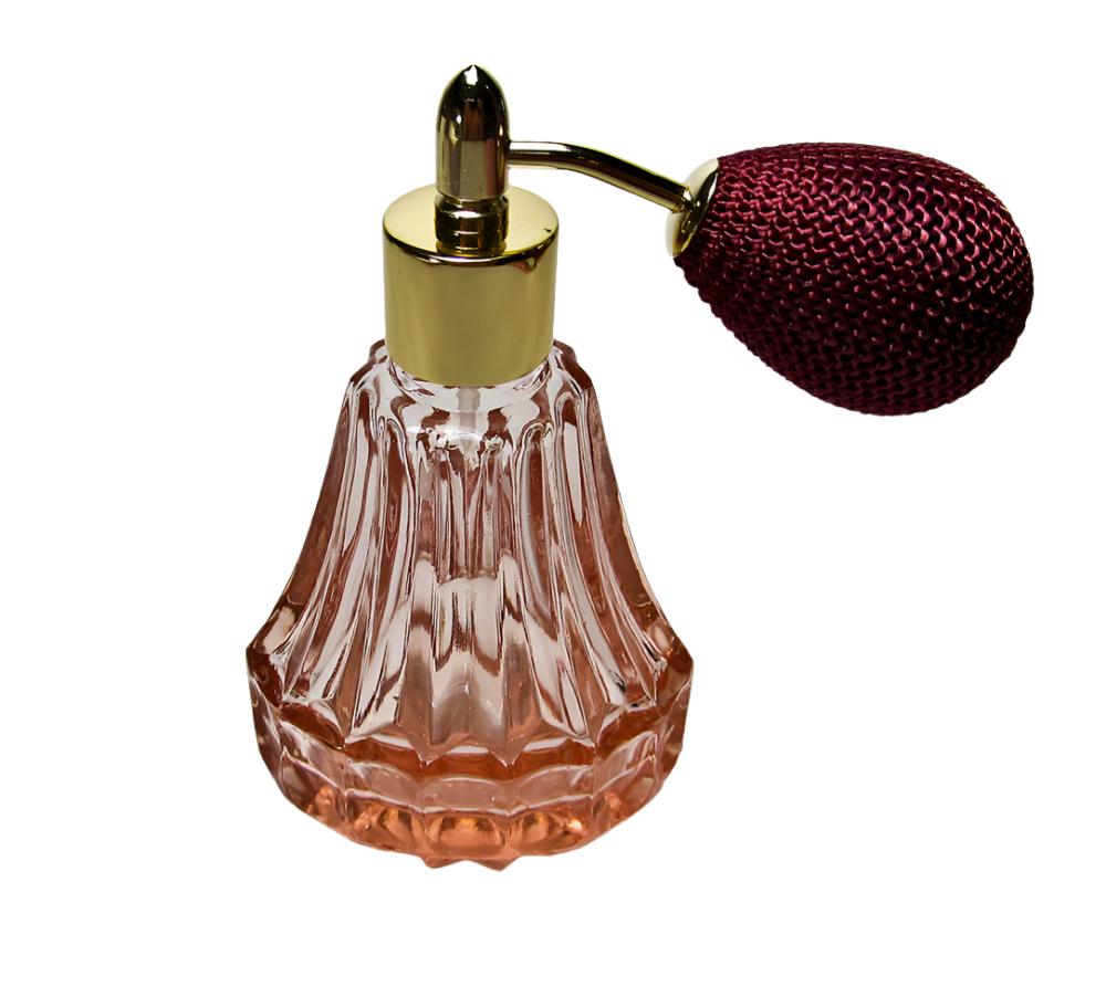 Light Red Crystal Glass Perfume Bottle With Burgundy Bulb Spray Mounting.
