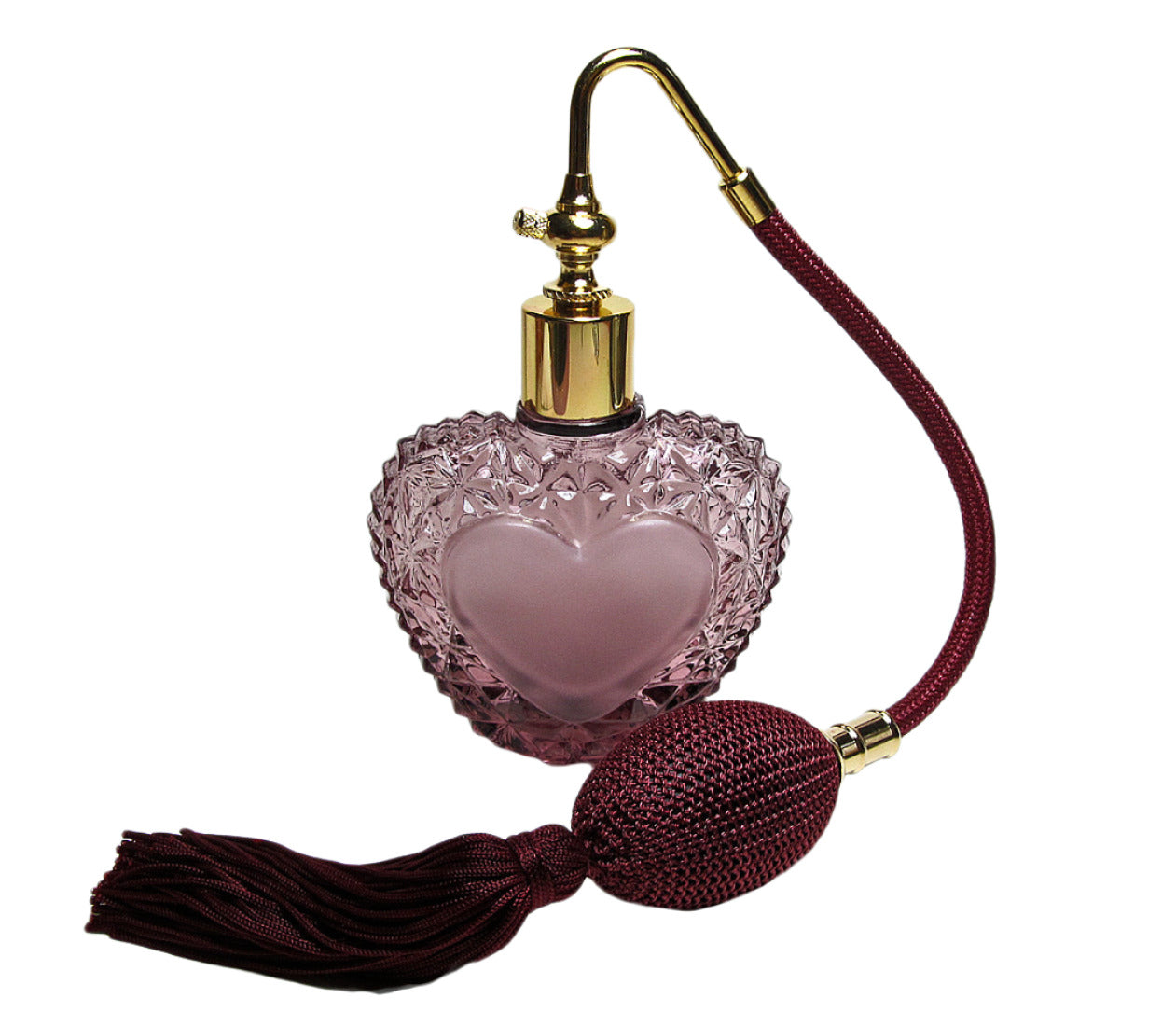 Purple Heart Shape Glass Perfume Bottle With Classic Bulb And Tassel Spray Mounting.