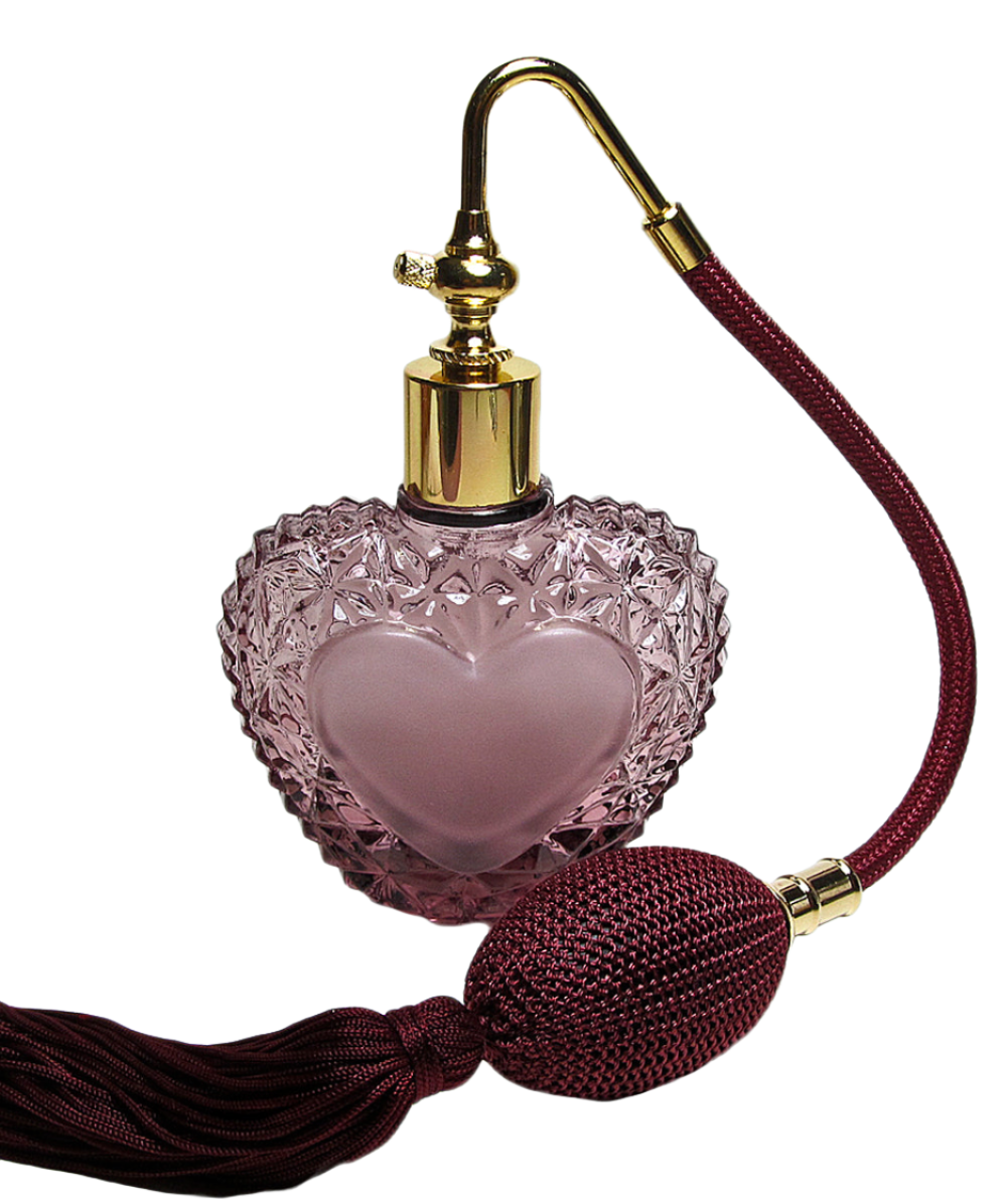 Purple Heart Shape Glass Perfume Bottle With Classic Bulb And Tassel Spray Mounting.