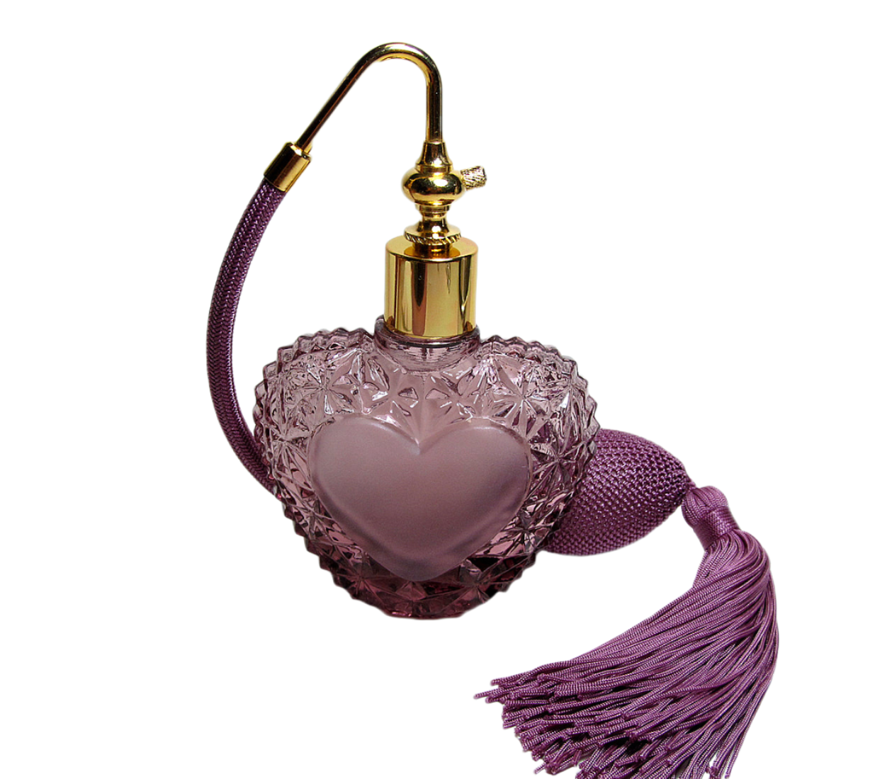 Purple Heart Shape Glass Perfume Bottle With Classic Bulb And Tassel Spray Mounting.
