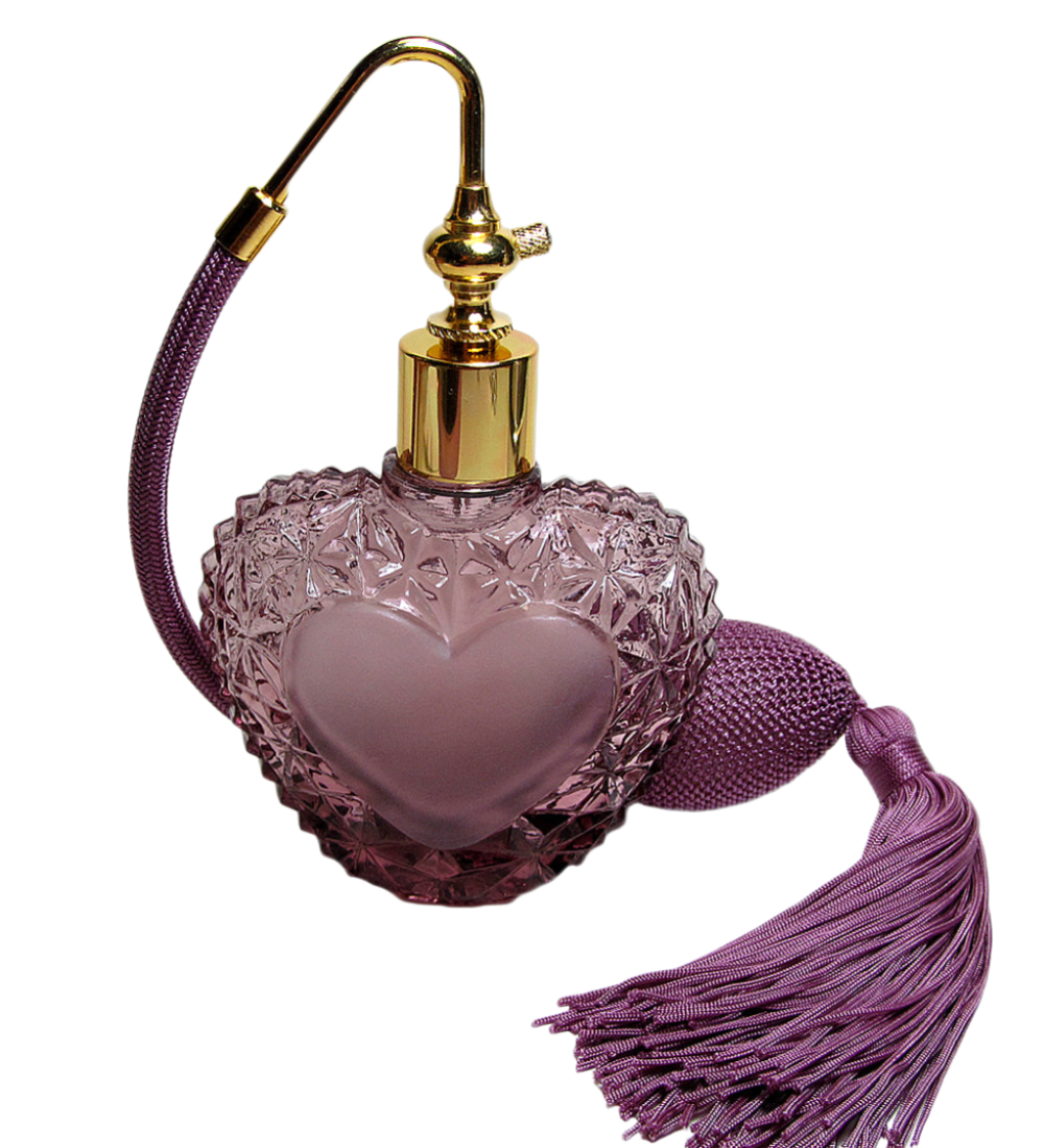 Purple Heart Shape Glass Perfume Bottle With Classic Bulb And Tassel Spray Mounting.