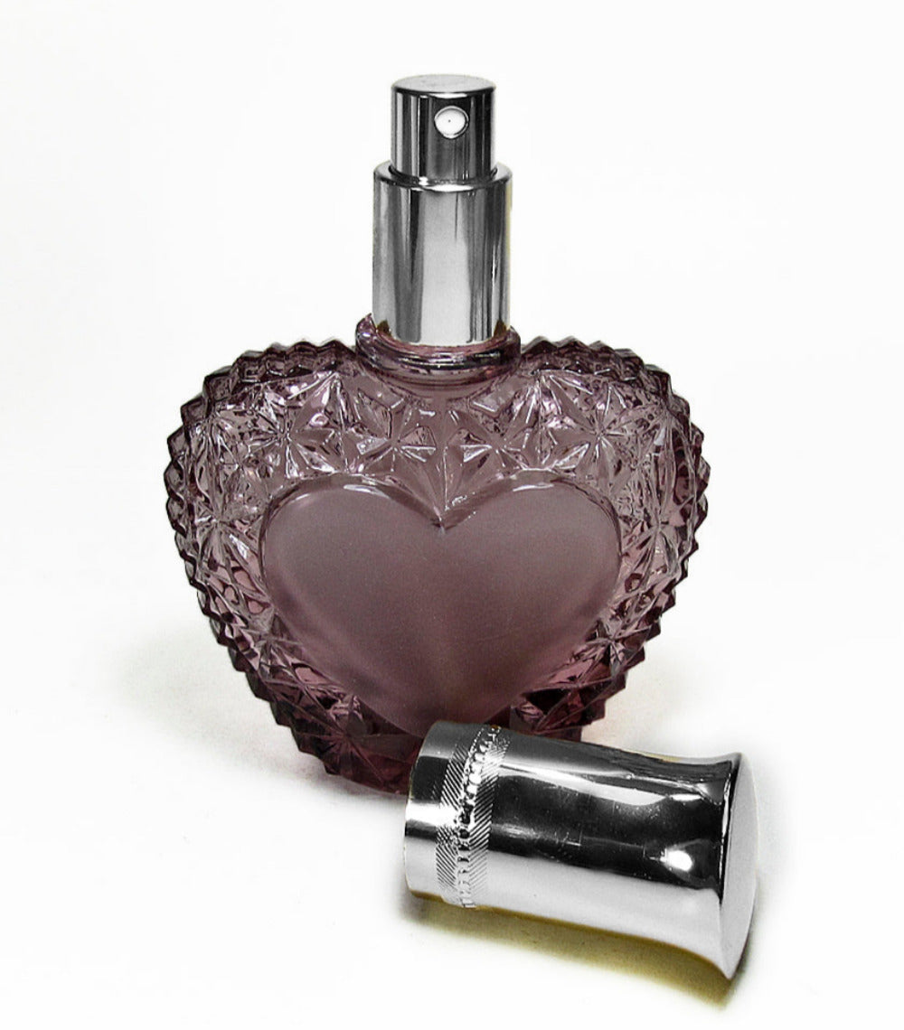 Heart Shape Purple Crystal Glass Perfume Bottle With Silver atomizer Pump And Cap.