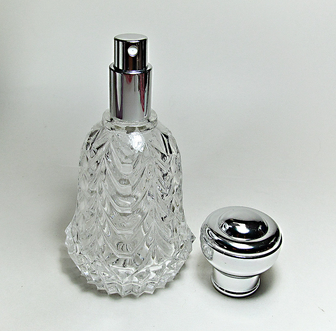 Crystal Glass Perfume Bottle With Silver Leakproof Atomizer Spray Pump and Over Cap.