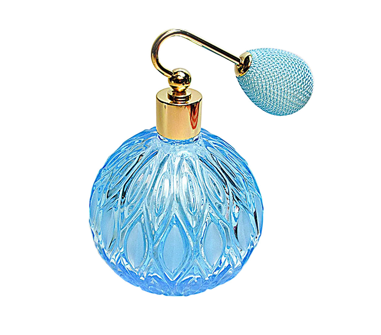 Vanity Turquoise Crystal Engraved Perfume Bottle With Bulb Spray Attachment.