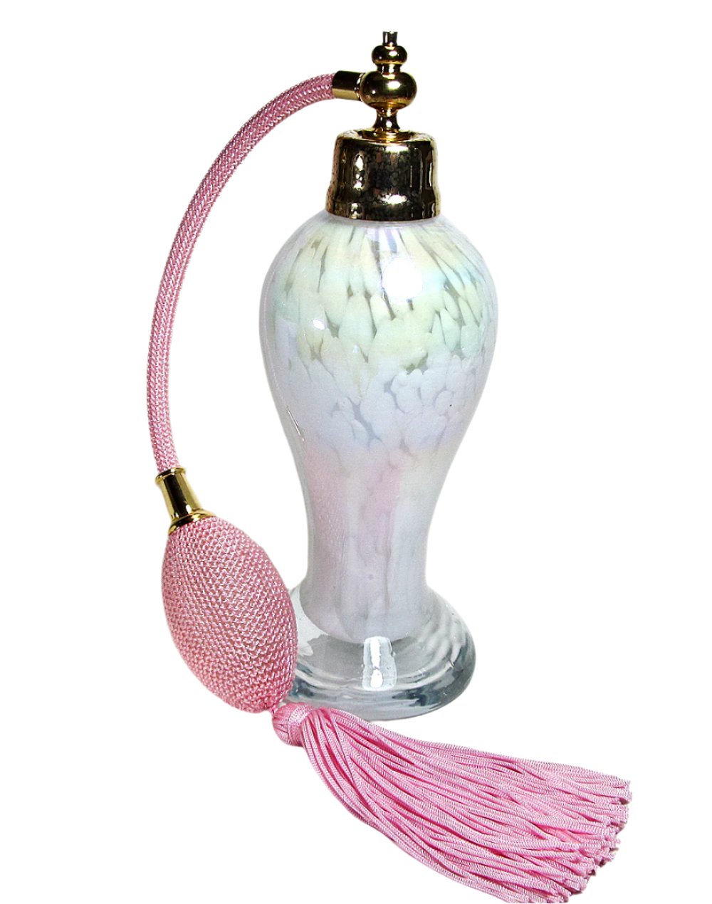 Art made with hand perfume bottle with pink bulb and tassel spray mounting.