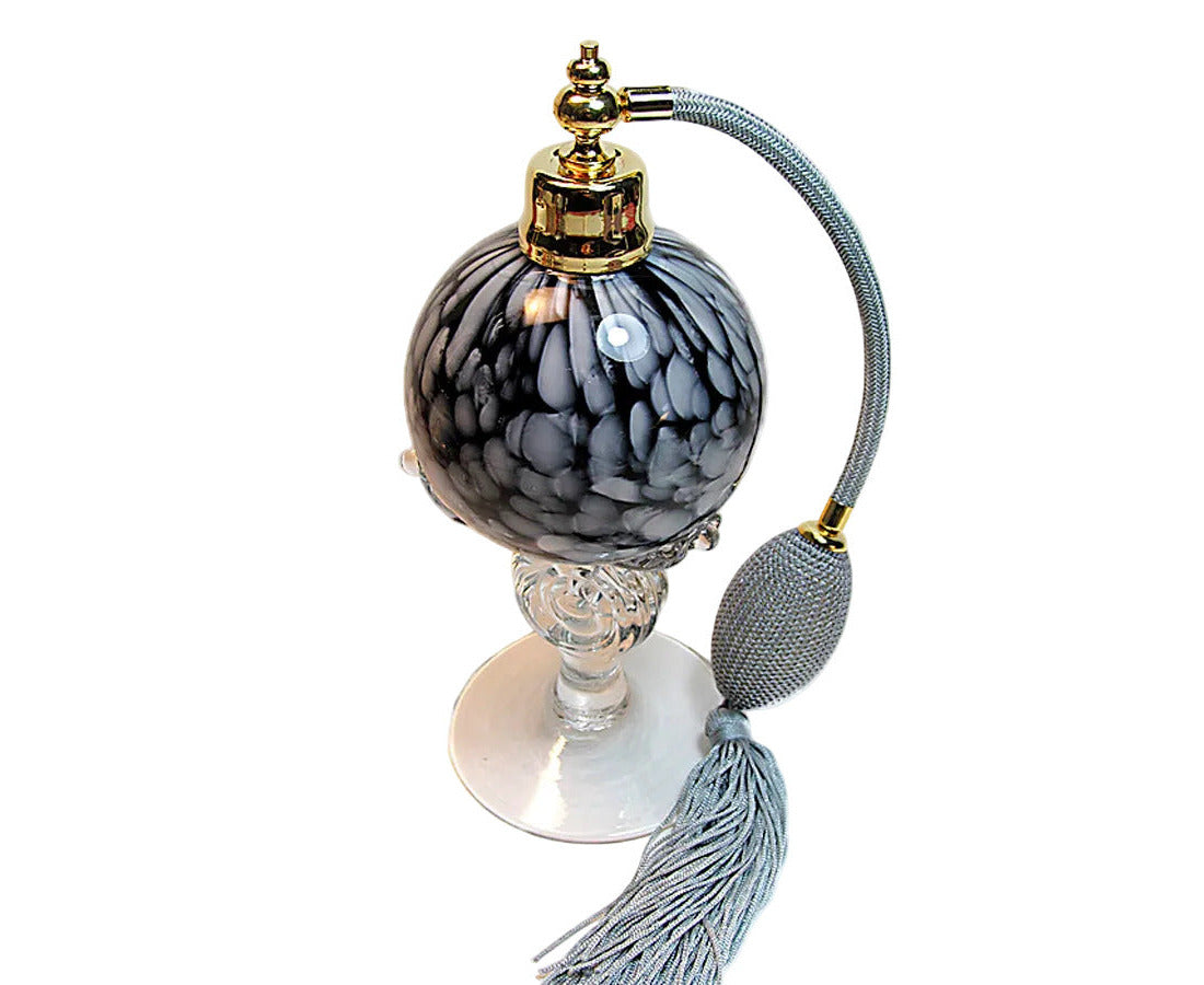 Art hand made perfume bottle with silver (Gray) bulb and tassel spray mounting.