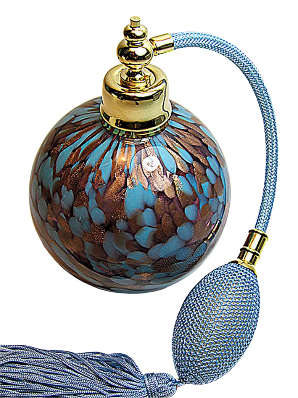 Mouth blow art crystal glass perfume bottle with squeeze bulb and tassel spray attachment.