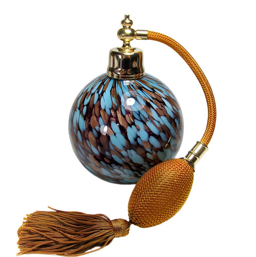 Mouth blow art crystal glass perfume bottle with squeeze bulb and tassel spray attachment.