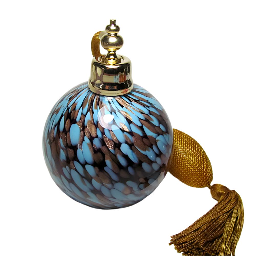 Mouth blow art crystal glass perfume bottle with squeeze bulb and tassel spray attachment.