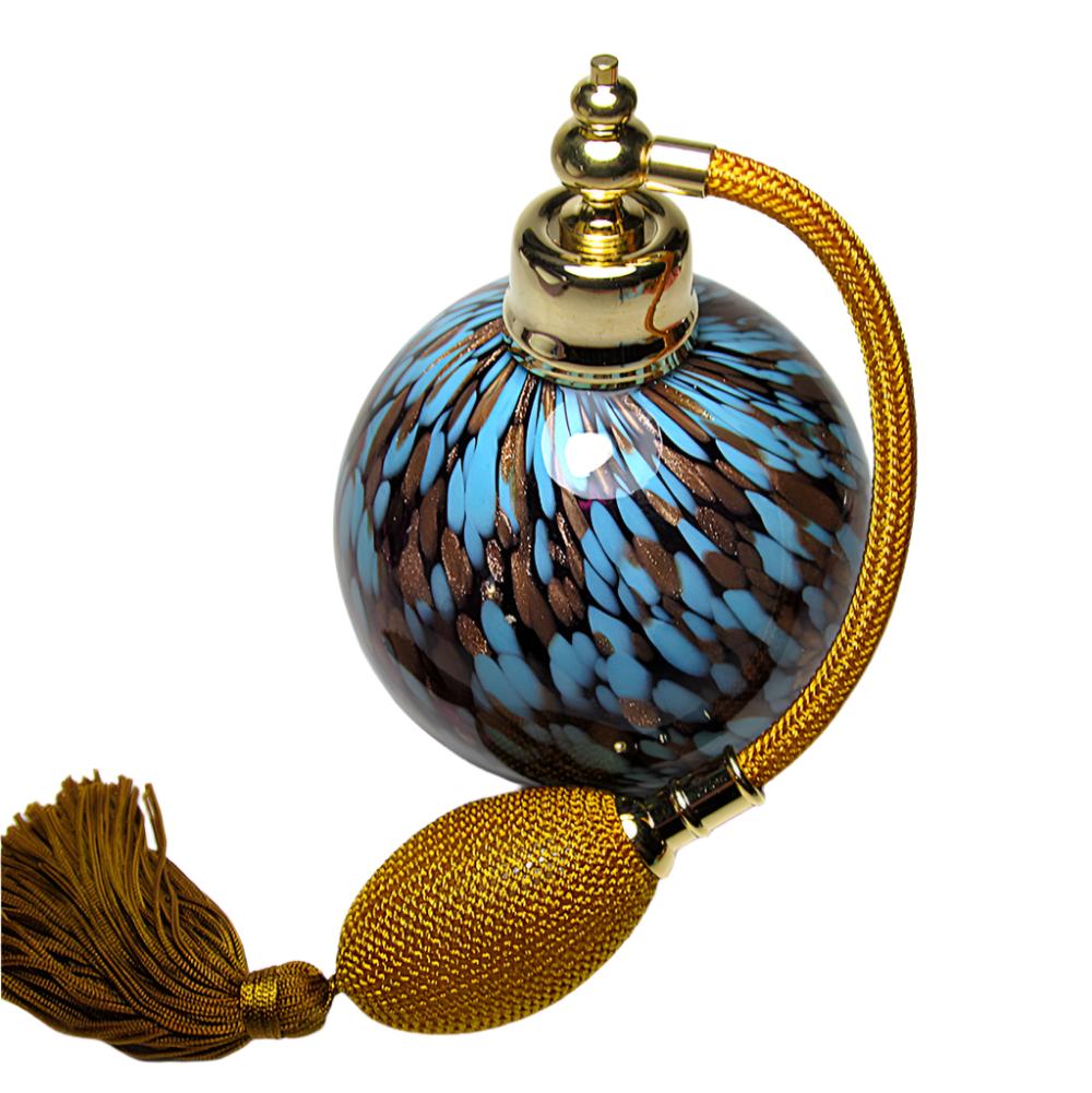 Mouth blow art crystal glass perfume bottle with squeeze bulb and tassel spray attachment.