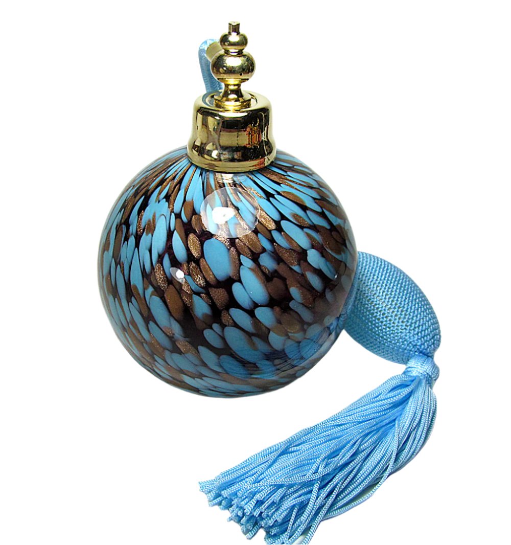 Mouth blow art crystal glass perfume bottle with squeeze bulb and tassel spray attachment.