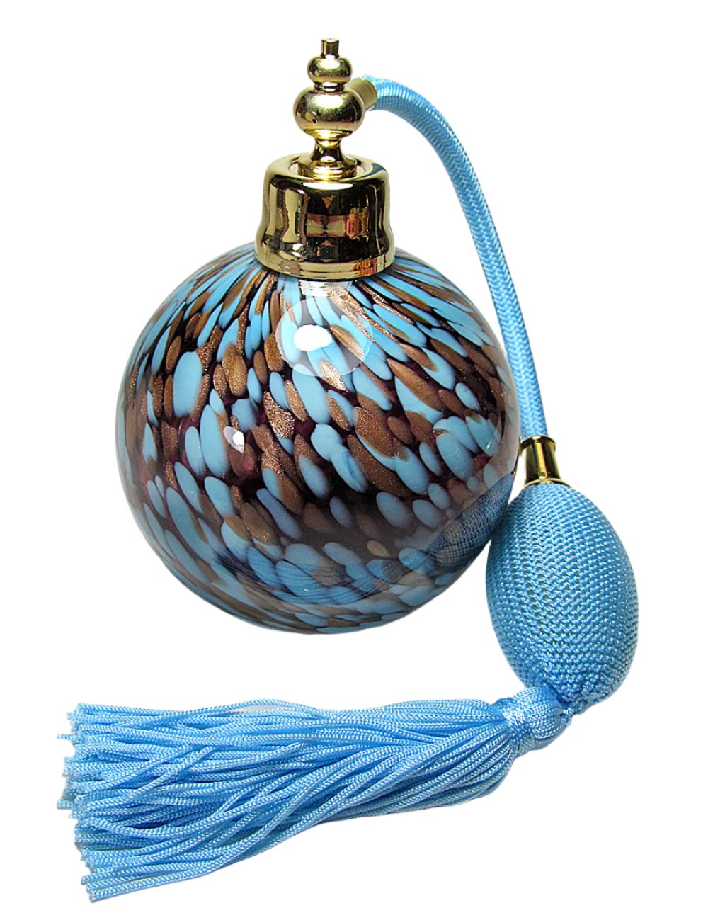 Mouth blow art crystal glass perfume bottle with squeeze bulb and tassel spray attachment.