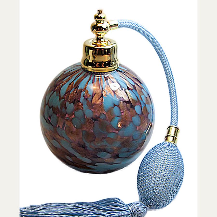 Mouth blow art crystal glass perfume bottle with squeeze bulb and tassel spray attachment.