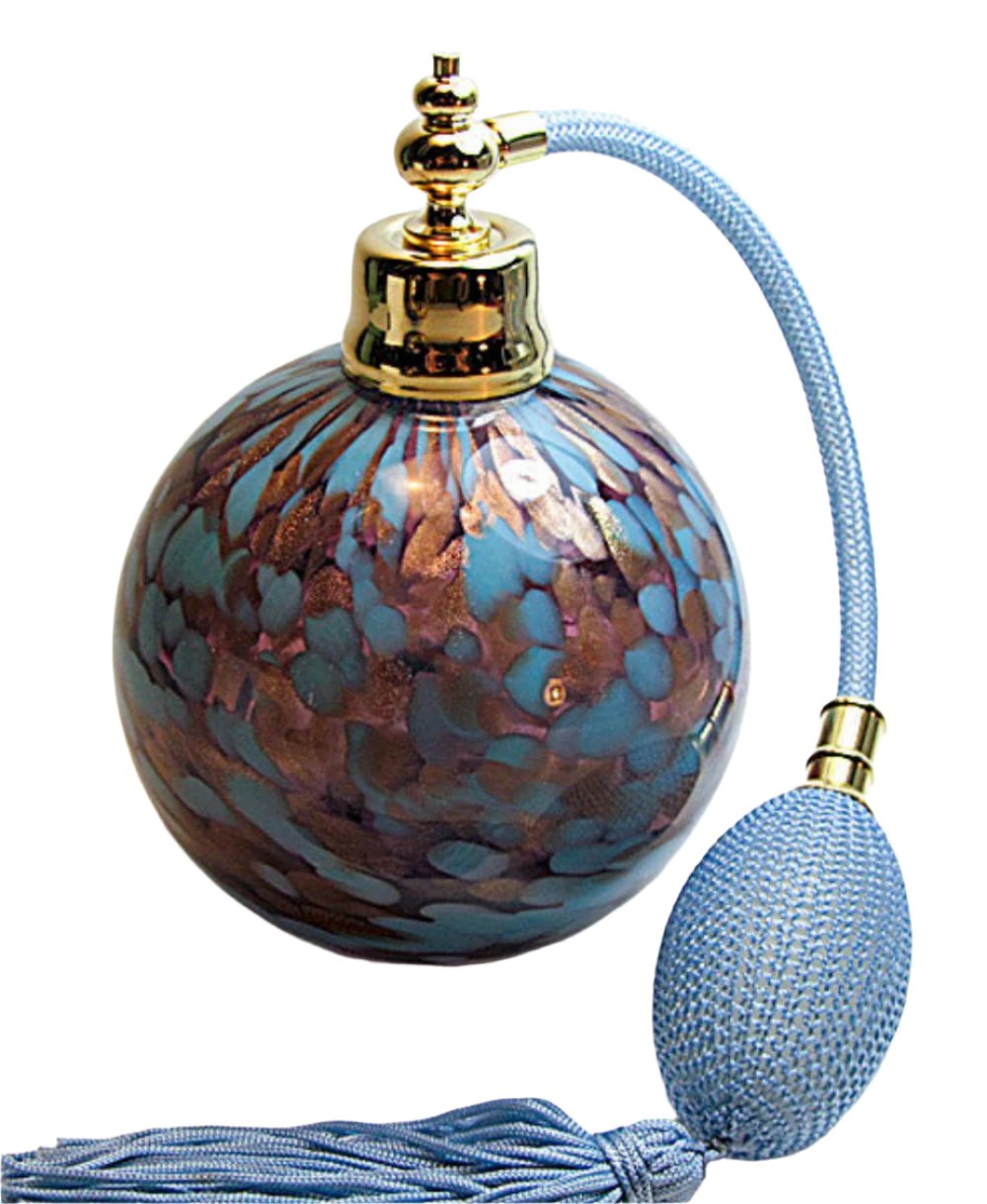 Mouth blow art crystal glass perfume bottle with squeeze bulb and tassel spray attachment.