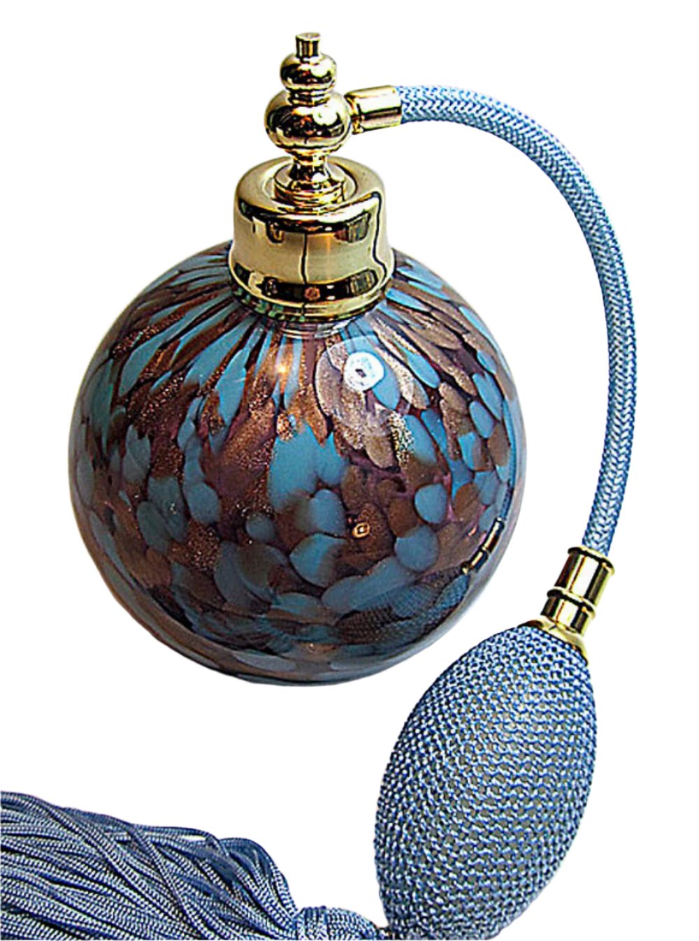 Mouth blow art crystal glass perfume bottle with squeeze bulb and tassel spray attachment.