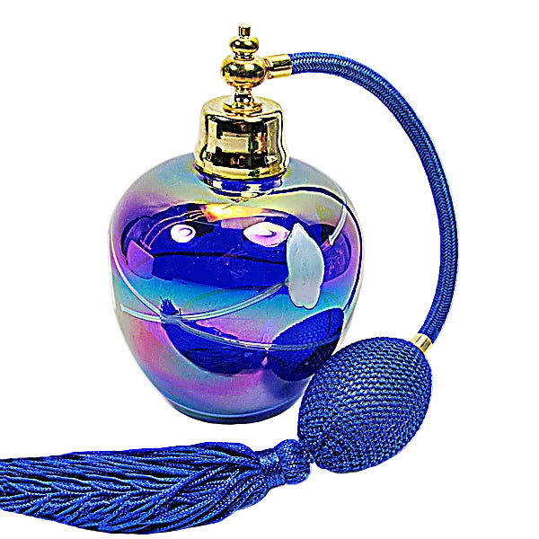 Art made by hand and mouth blow crystal glass perfume bottle with blue bulb and tassel spray attachment.