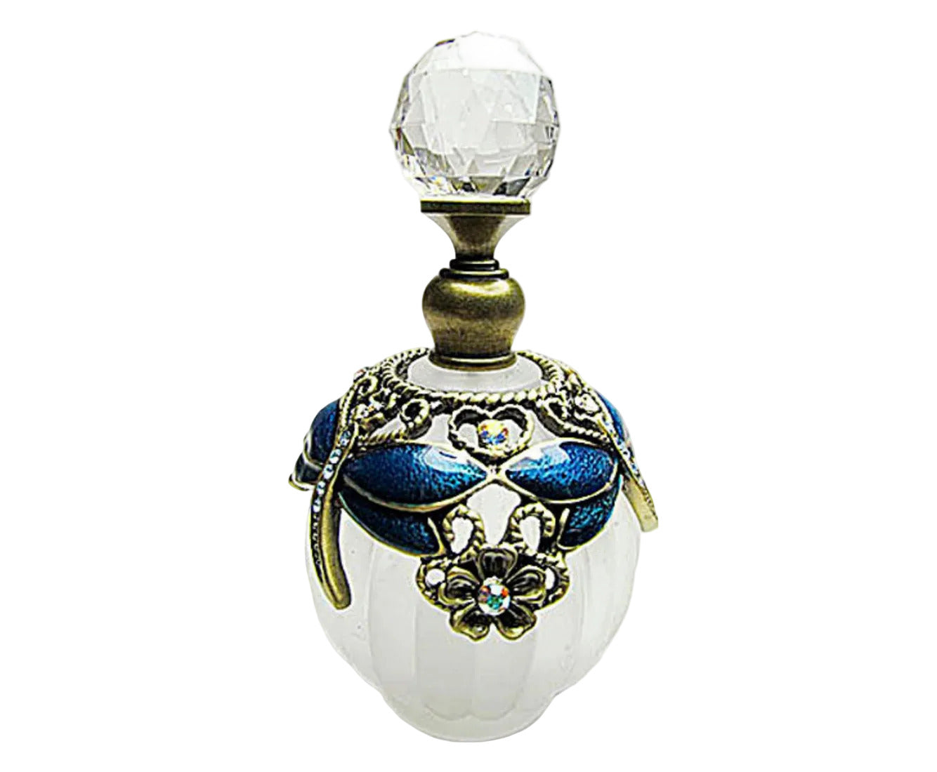 Decorative perfume bottle with intricate design and crystal top on a white background
