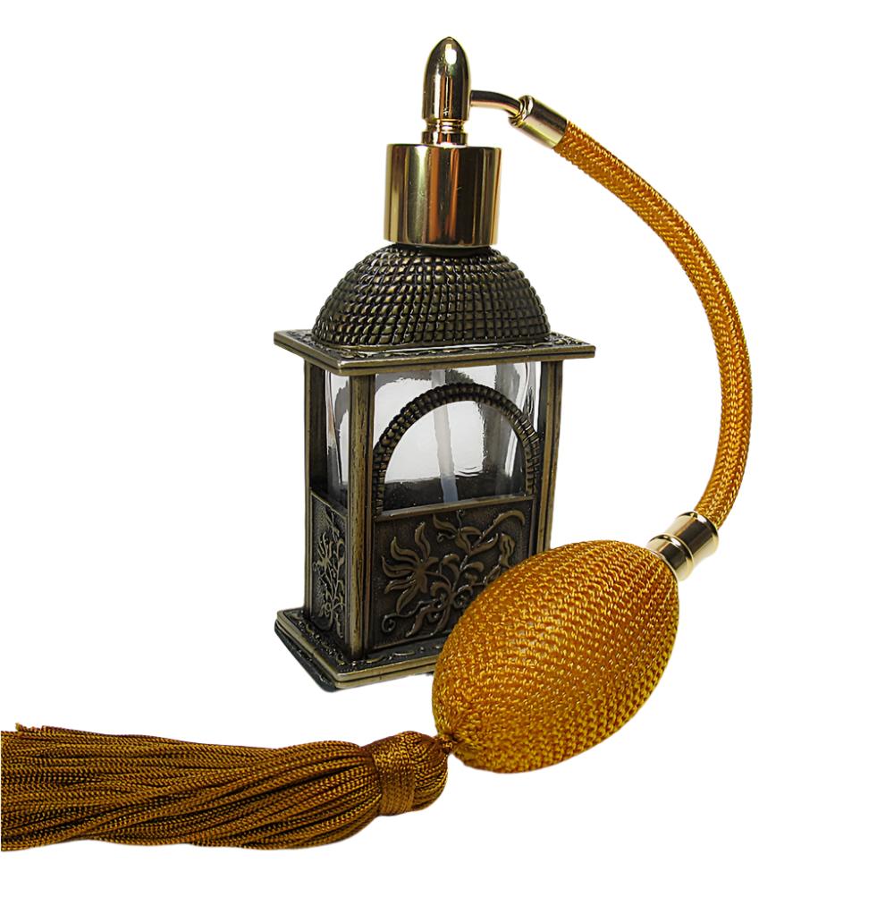Antique Perfume Bottle With Brown Gold Bulb And Tassel Spray Mounting.