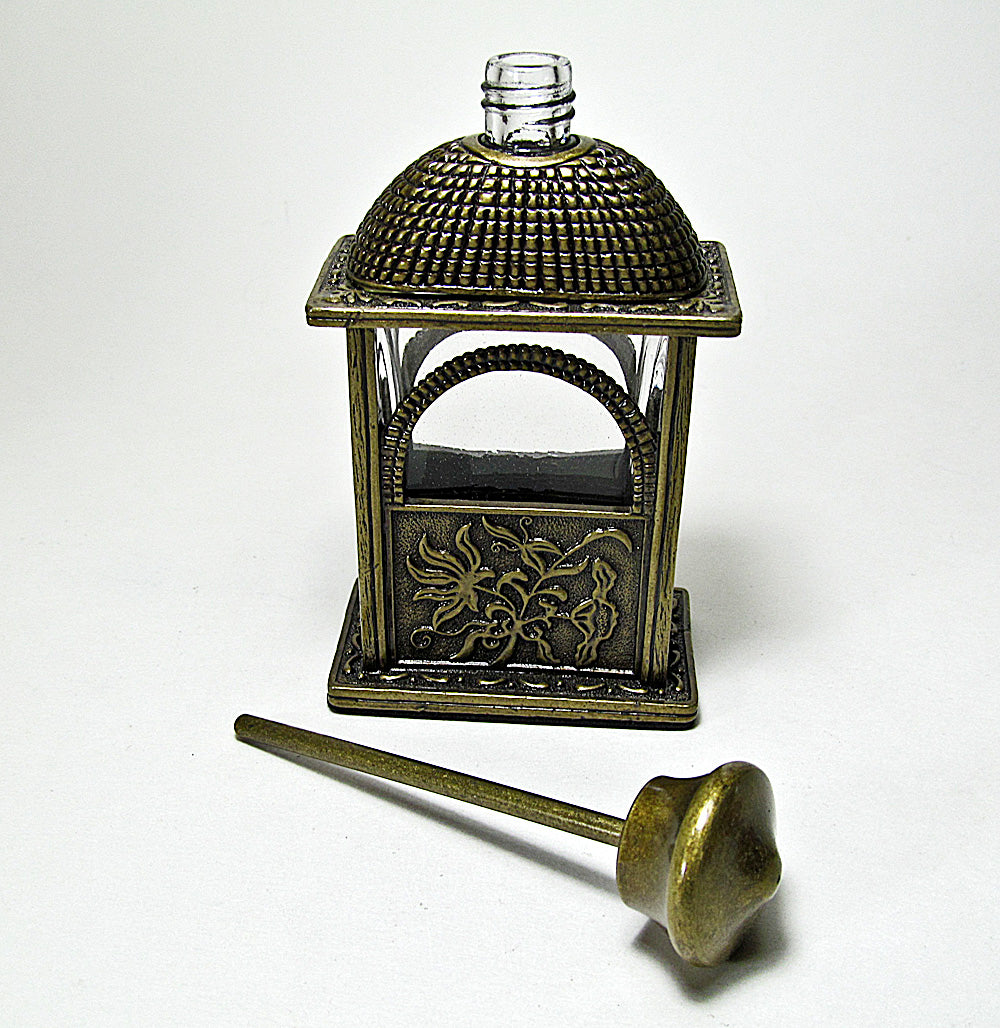 Antique Perfume Bottle With Bronze Metal Screw Cap And Rod.