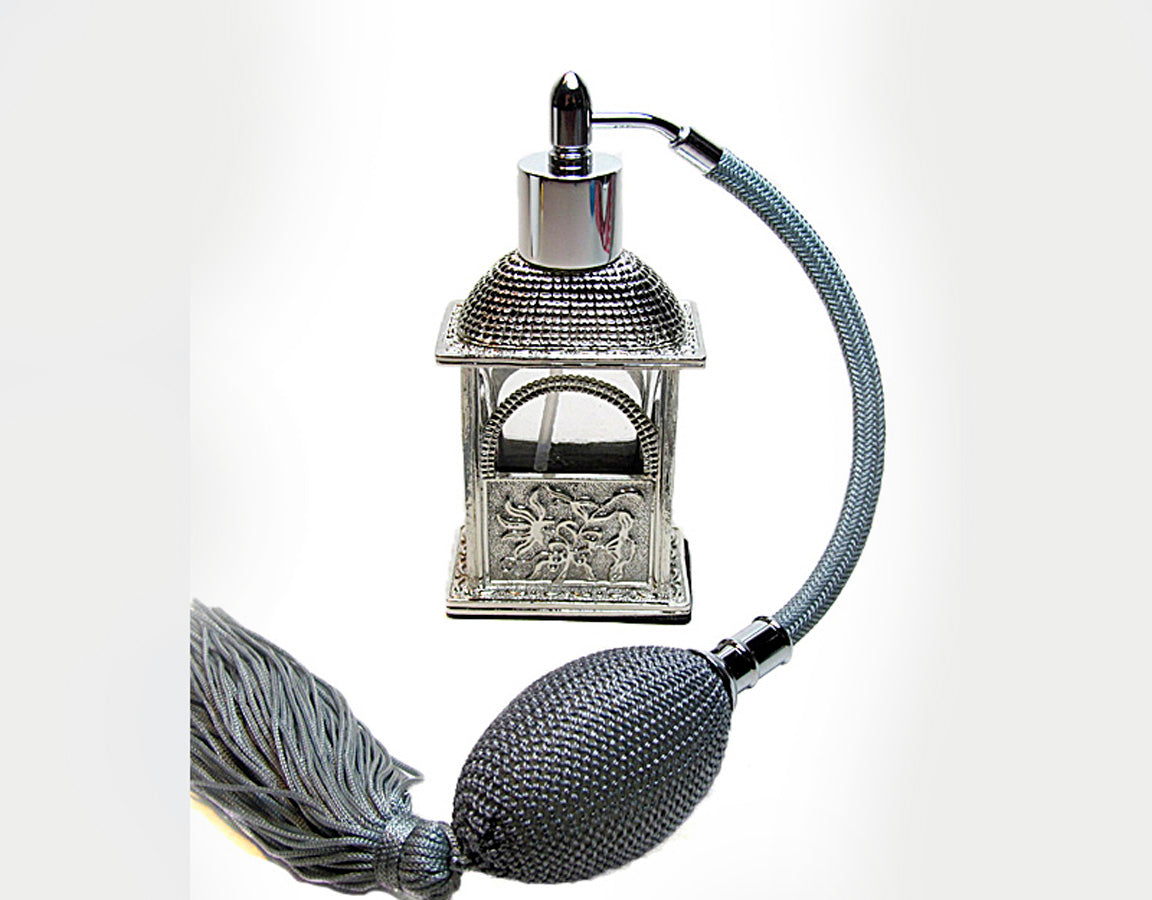 Antique Perfume Bottle With Silver Gray Bulb And Tassel Spray Mounting.