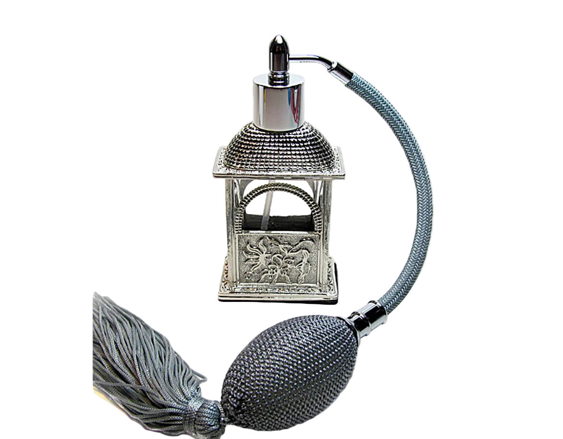 Antique Perfume Bottle With Silver Gray Bulb And Tassel Spray Mounting.