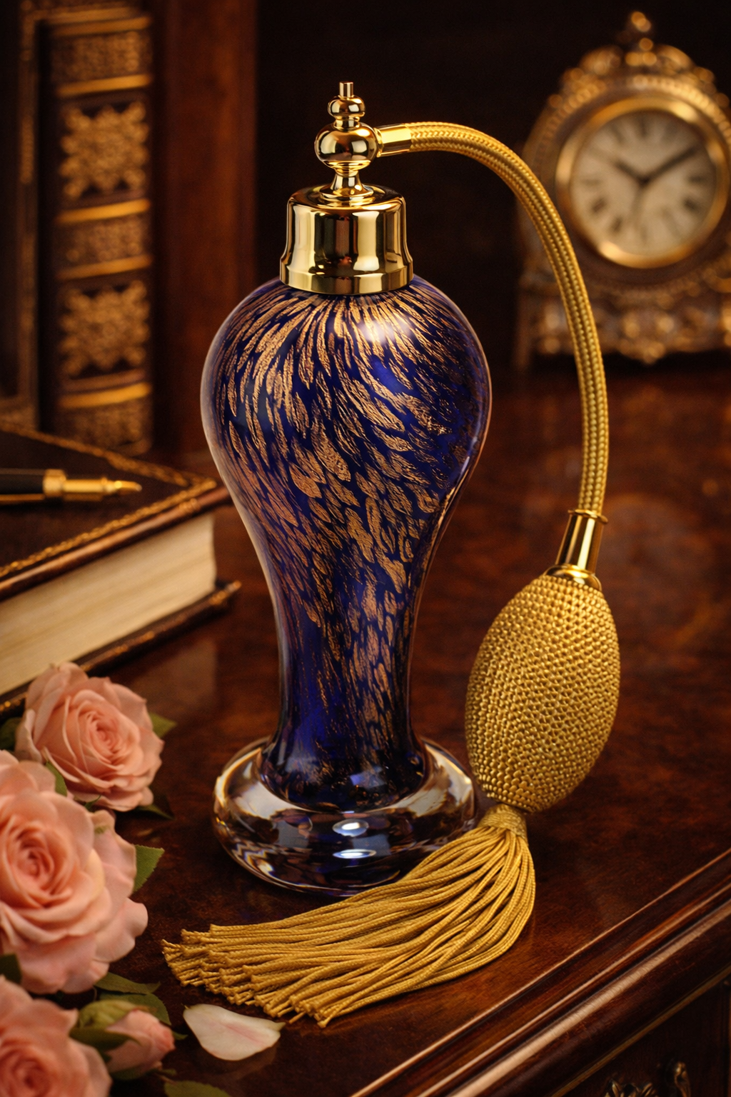 Mouth-Blown Cobalt Crystal Bottle With Gold decorated and Brown Gold Bulb Sprayer.