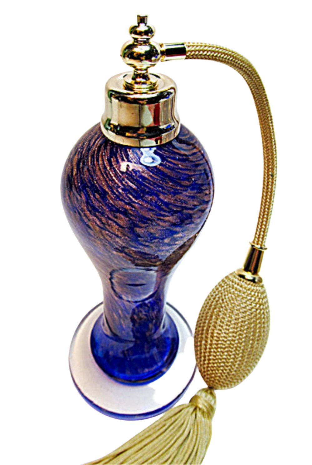 Art made with hand perfume bottle with gold bulb and tassel spray mounting.