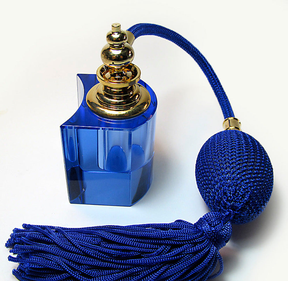 Genuine Blue Crystal Perfume Bottle With Blue Bulb And Tassel Spray Mounting.