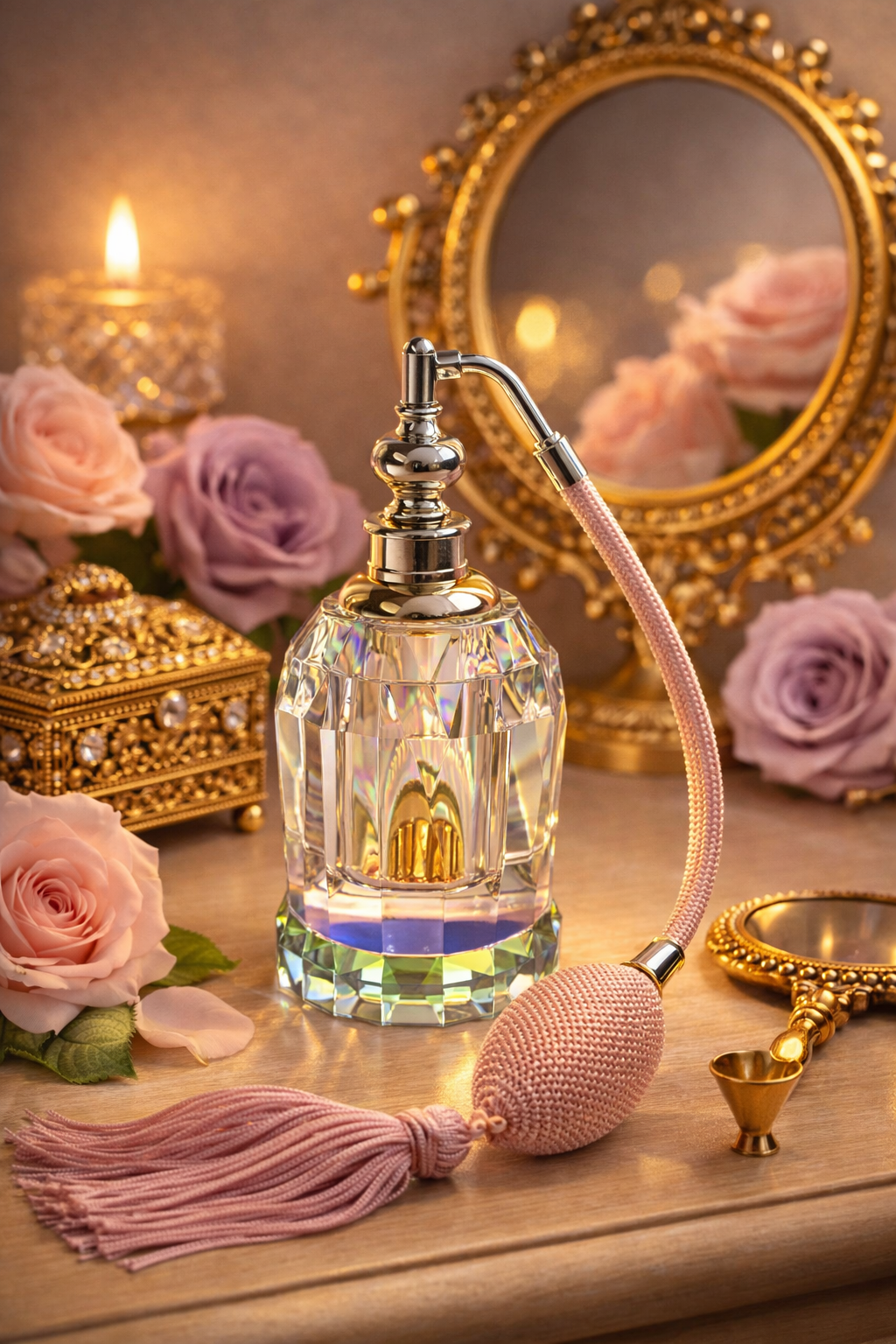 Refillable Empty Genuine Lead Crystal Perfume Bottle With Bulb And Tassel Spray Mounting.