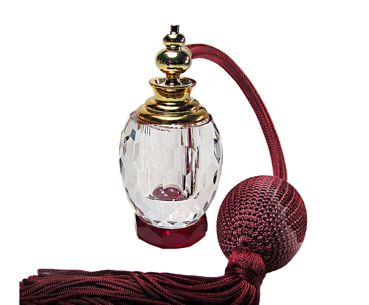Lead Crystal Perfume Atomizer Bottle With Sky Burgundy Squeeze Bulb And Tassel Spray Mounting.
