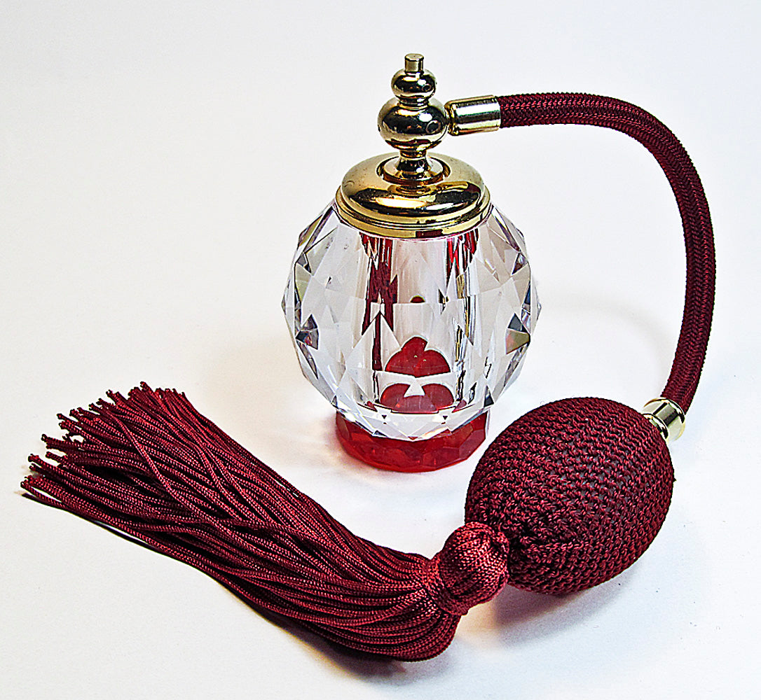 Lead Crystal Perfume Atomizer Bottle With Burgundy Squeeze Bulb And Tassel Spray Mounting.