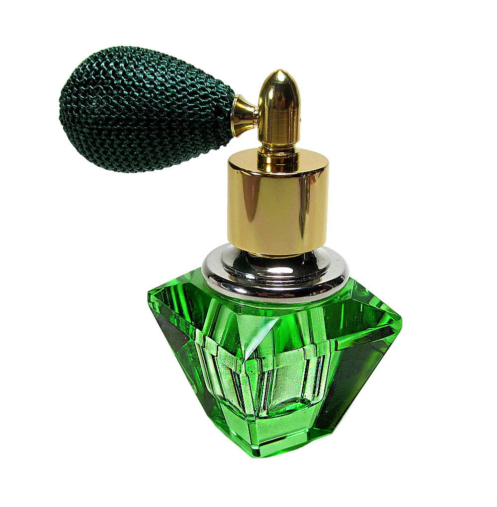 Genuine Lead Hand Made Crystal Perfume Bottle In Green Coloured With Green Bulb Spray Mounting.