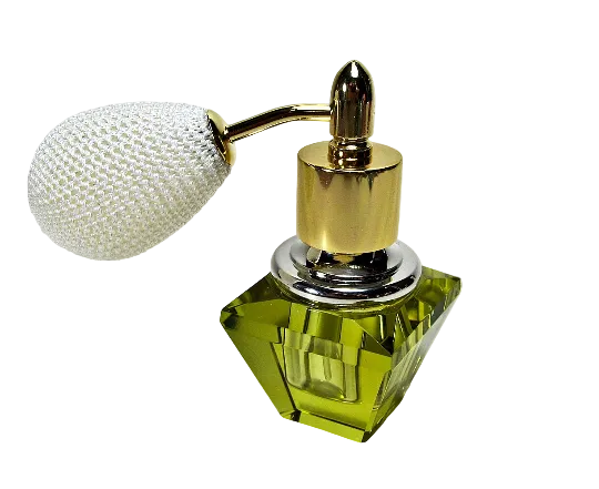 Hand Made Crystal Perfume Bottle In Yellow Oliver Coloured With White Bulb Spray Mounting.