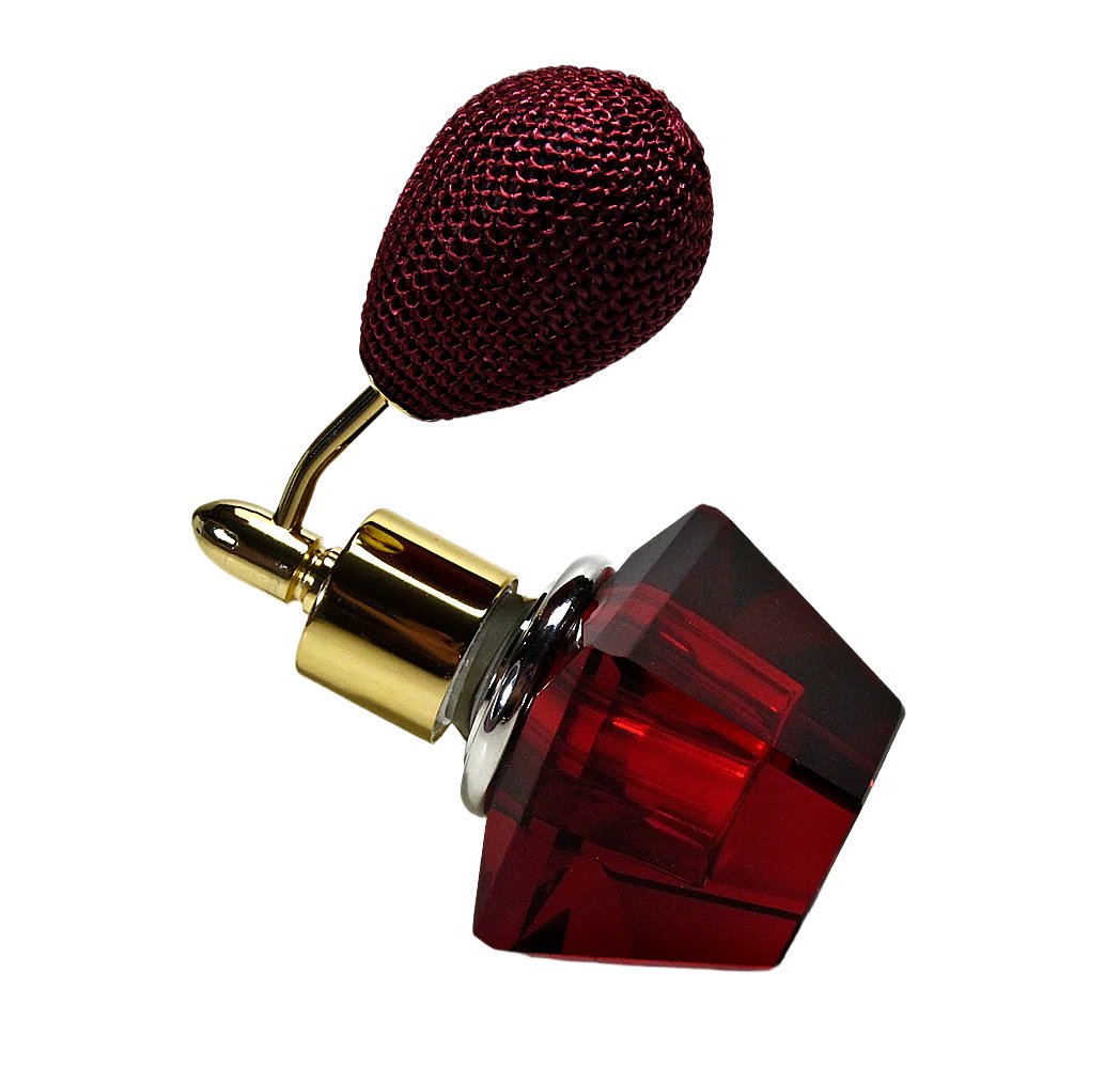 Genuine Lead Hand Made Crystal Perfume Bottle In Burgundy Coloured With Wine Bulb Spray Mounting.