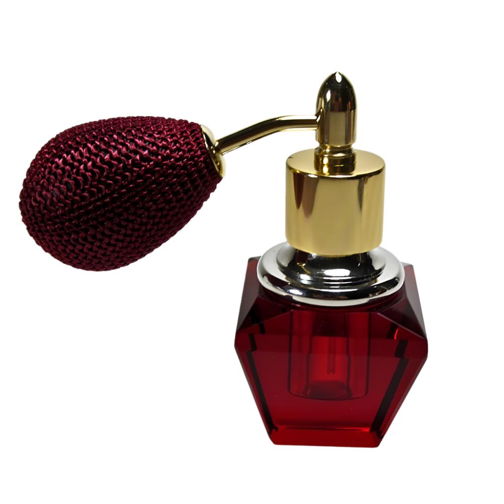 Genuine Lead Hand Made Crystal Perfume Bottle In Burgundy Coloured With Wine Bulb Spray Mounting.