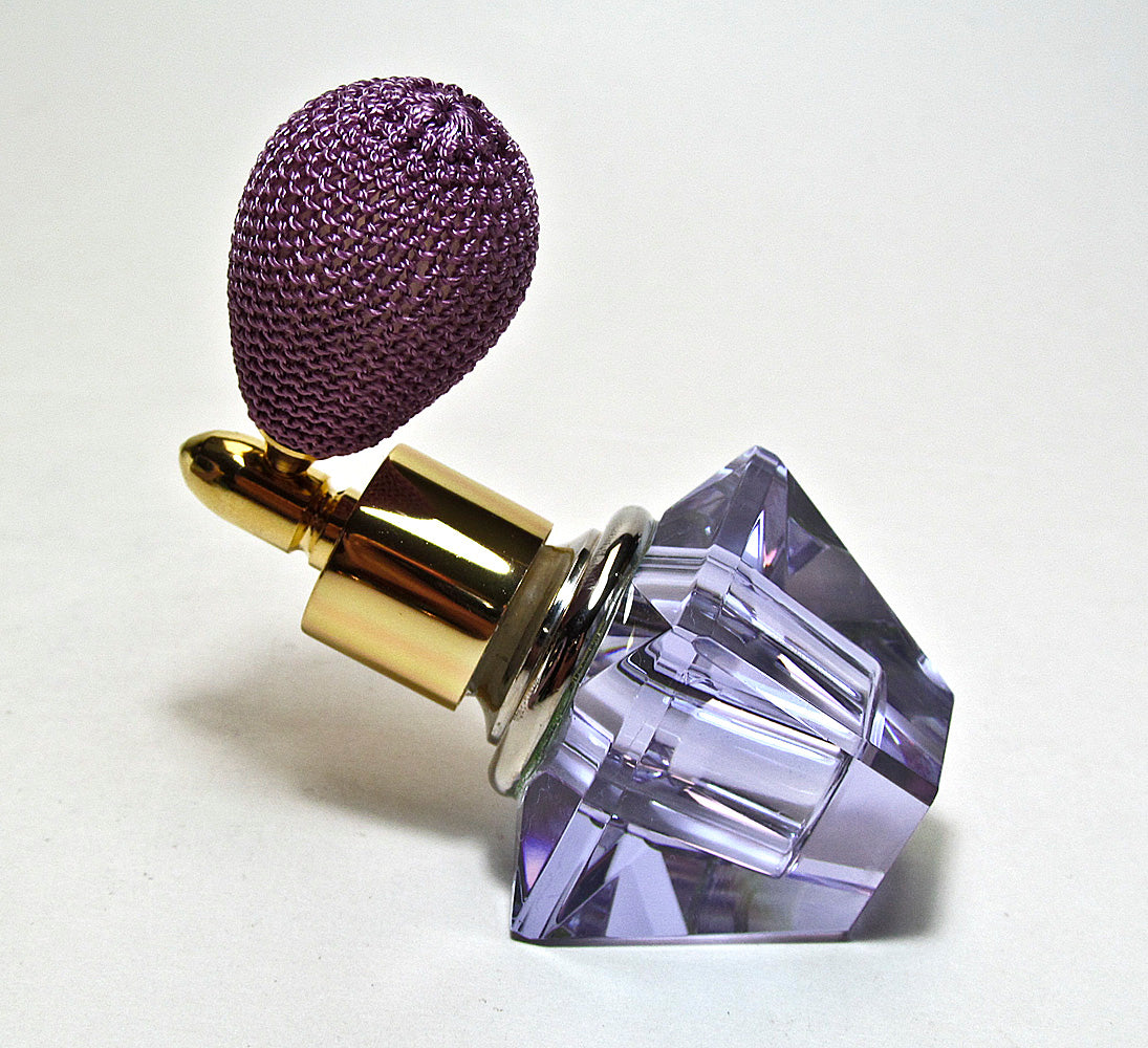 Genuine Lead Crystal Perfume Bottle In Purple Coloured With Lavender Bulb Spray Mounting.