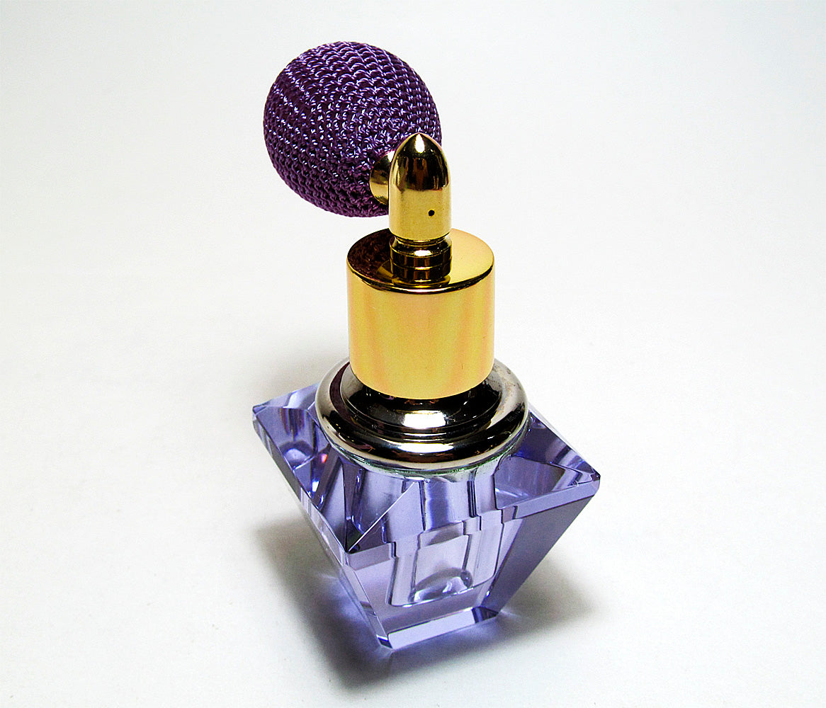 Genuine Lead Crystal Perfume Bottle In Purple Coloured With Lavender Bulb Spray Mounting.