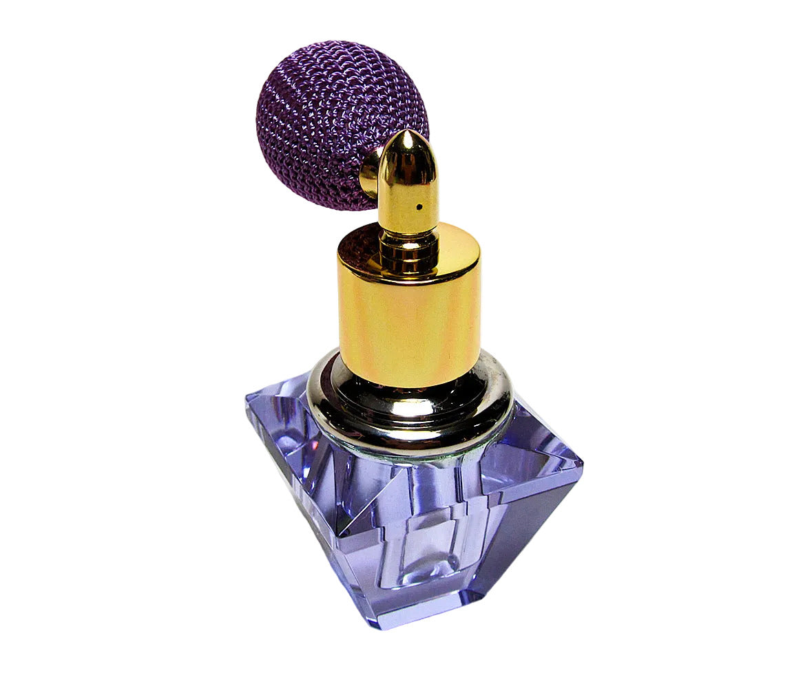 Genuine Lead Crystal Perfume Bottle In Purple Coloured With Lavender Bulb Spray Mounting.