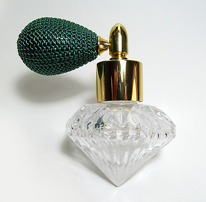 Fancy Shape Glass Perfume Bottle With Green Bulb Spray Attachment.