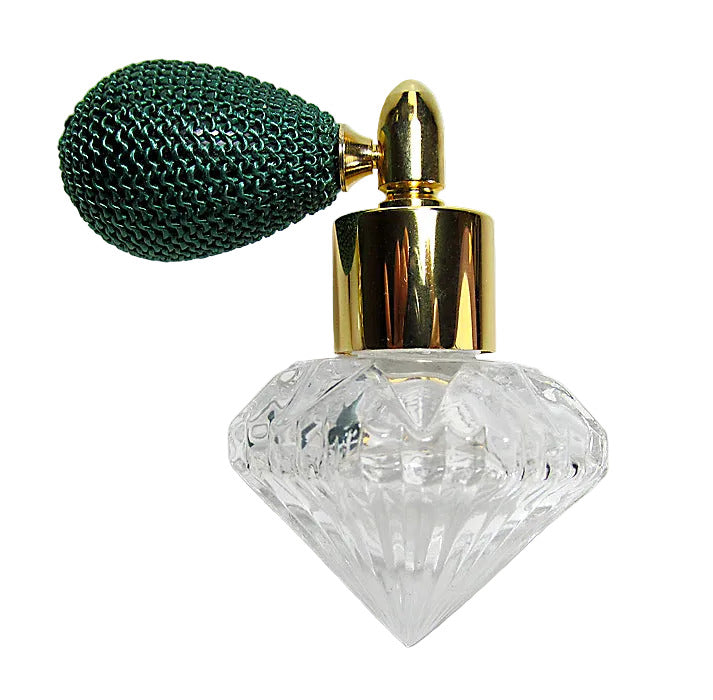 Fancy Shape Glass Perfume Bottle With Green Bulb Spray Attachment.