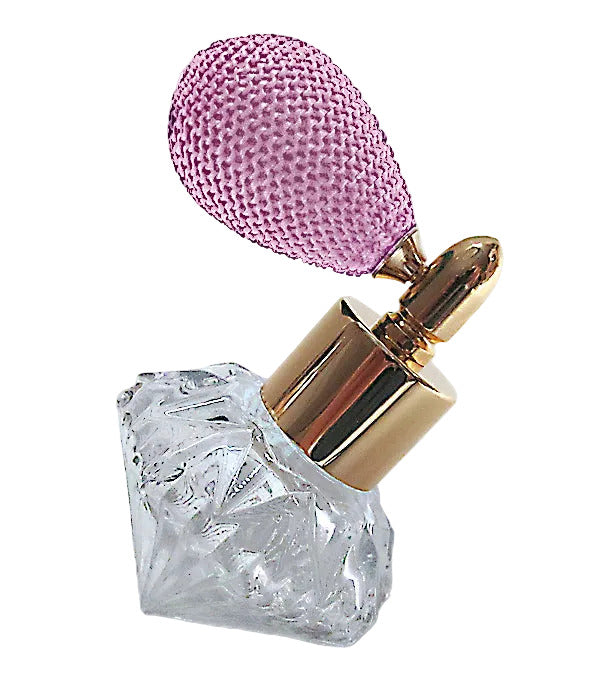 Fancy Shape Glass Perfume Bottle With Pink Bulb Spray Attachment.