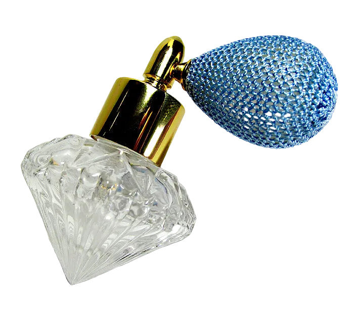 Fancy Shape Glass Perfume Bottle With Sky (Light) blue Bulb Spray Attachment.