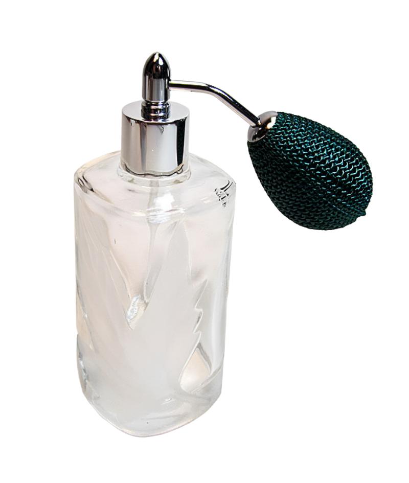 Vintage Refillable Perfume Glass Bottle With Silver/Green Squeeze Bulb Spray Attachment.